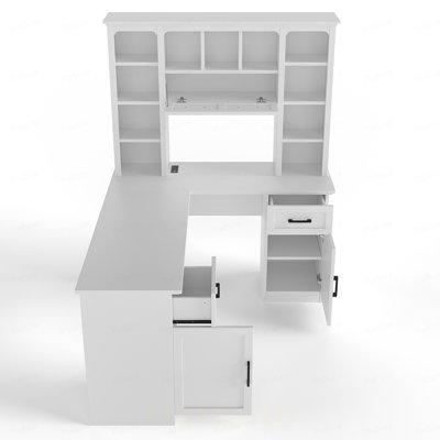 Bureau d'ordinateur en L avec 2 armoires et 2 tiroirs, 11 tablettes ouvertes et 1 tablette à droite rabattable avec rangement, avec prise de courant, pour bureau, salon et bureau, blanc