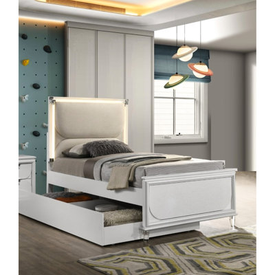 Lit tapissier contemporain blanc perle avec lit gigogne, tête de lit à DEL et panneau de lit à panneau