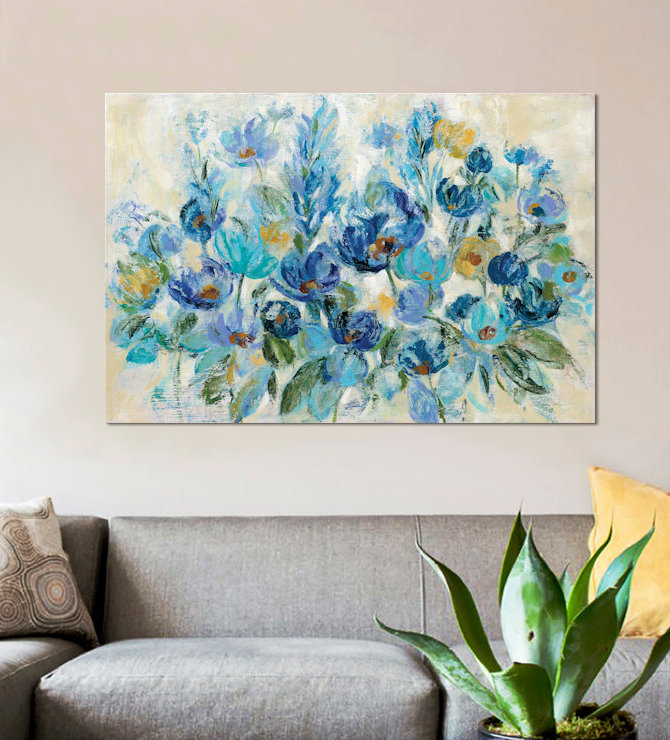 «Scattered Blue Flowers», impression sur toile, H 40 po x l 60 po x P 1,5 po, Toile tendue, Pas de tapis