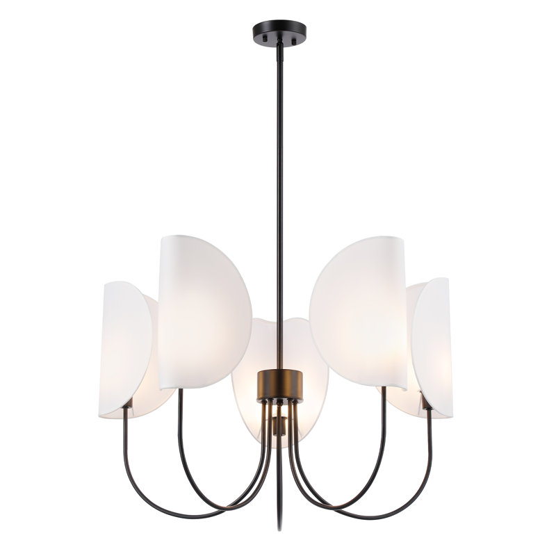 Lustre moderne à 5 lumières avec abat-jour en tissu blanc semi-ouvert Rodden, Noir mat