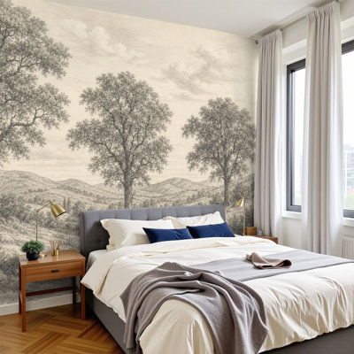 Peel and Stick Wall Mural Monochrome Pastoral Landscape Trees Rolling Hills Detailed Engraving 100"H x 144"W Self Adhesive Wallpaper for Bedroom for Home Wall Decor