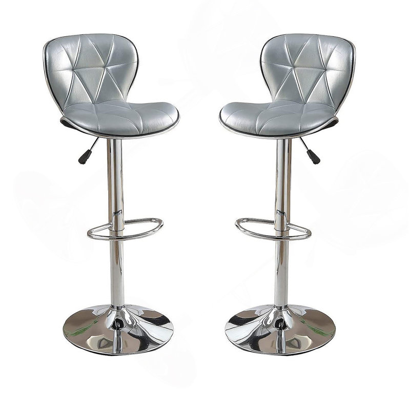Tabouret en similicuir argent / gris, hauteur réglable, base chromée, ensemble de 2