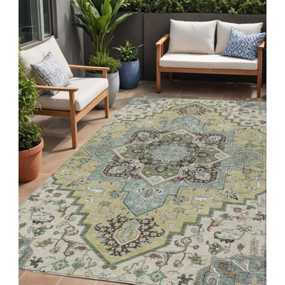 5' X 8' Beige Green And Brown Oriental Washable Indoor Outdoor Area Rug