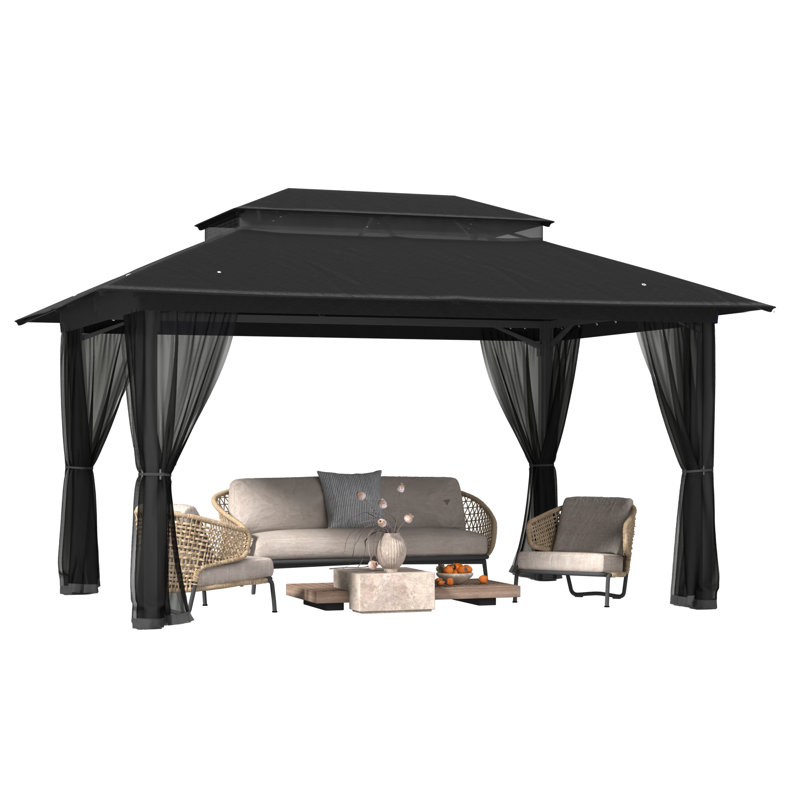 10x13 Gazebo, Outdoor Patio Gazebo With Mosquito Netting, Double Roof Metal Gazebo, Canopy For Backyard Covered Patio, Heavy Duty Gazebo Outdoor For Garden Deck Lawn,Black