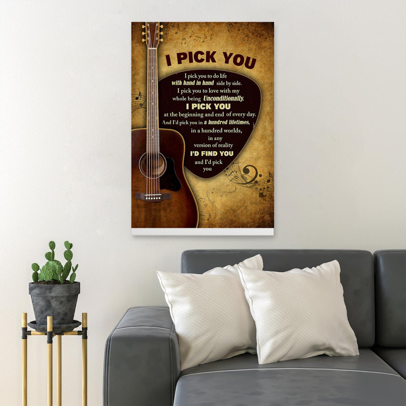 «Guitare sur fond brun I Pick You», reproduction d'art graphique sur toile tendue, H 14 po x l 11 po x P 2 po