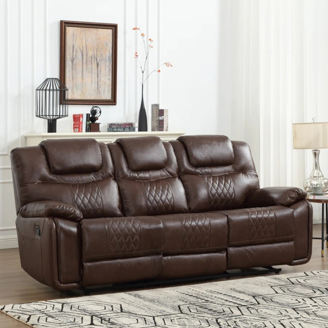 Jepum 86.6" Top-Grain Genuine Leather Manual Reclining Sofa, 3-Seater Spacious Recliner Couch Hokku Designs Upholstery 