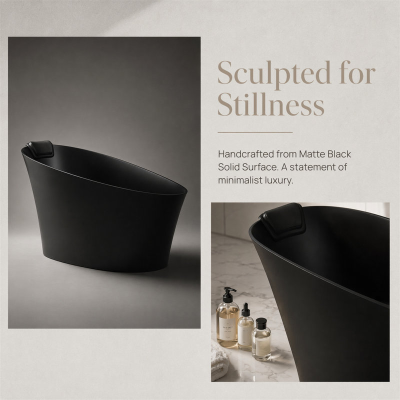 Matte Black Solid Surface Freestanding Soaking Tub, Stone Resin, Deep Soaking, Heat Retention, Black