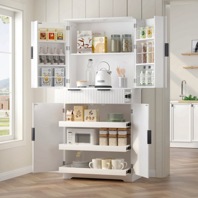72" Fluted Kitchen Pantry Cabinet With 3 Keyboard Drawers & 6 Door Shelves Adjustable, Freestanding Cupboard Storage Cabinet For Bathroom, Diningroom, Office, Entryway, White