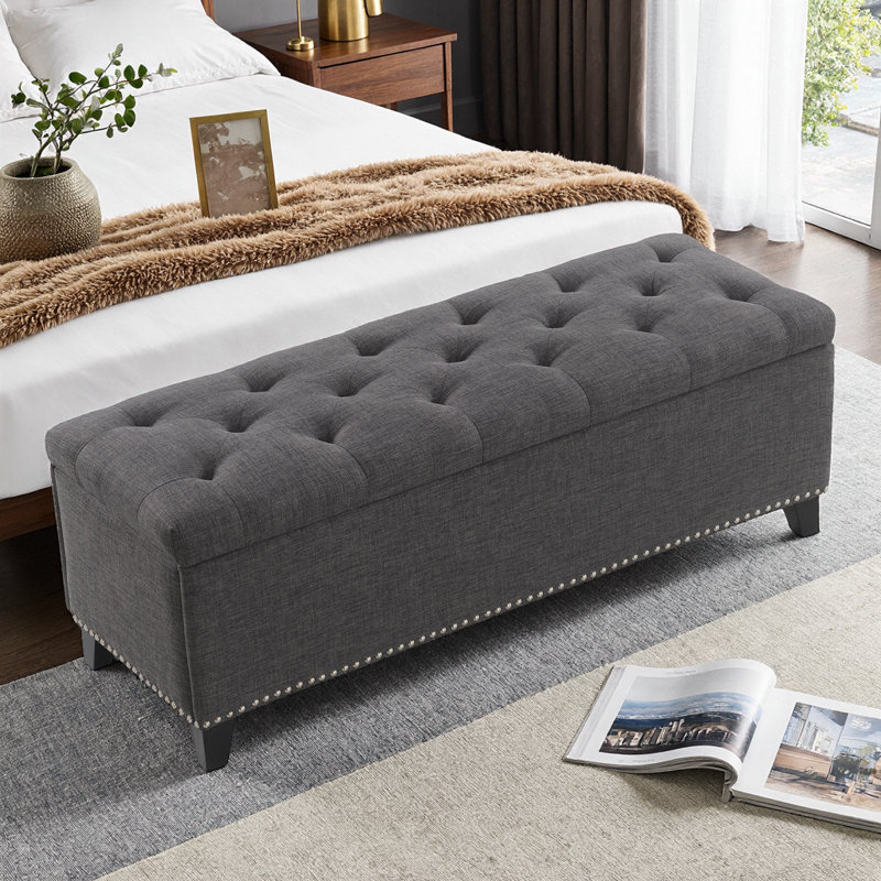 Repose-pieds de rangement de 47,5 po avec charnière de sécurité - Banc capitonné en lin - Capacité de 500 lb, Compartiment caché - Siège d'entrée, Repose-pieds de bout de lit, Décoration de salon - Assemblage facile