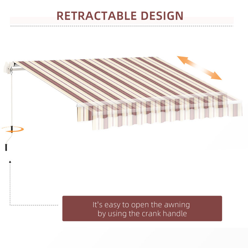 Patio Sunshade - 13' X 8' Retractable Awning, & Water-, Manual Crank, Aluminum Frame, Red Stripes For Yard Balcony Awning Deck
