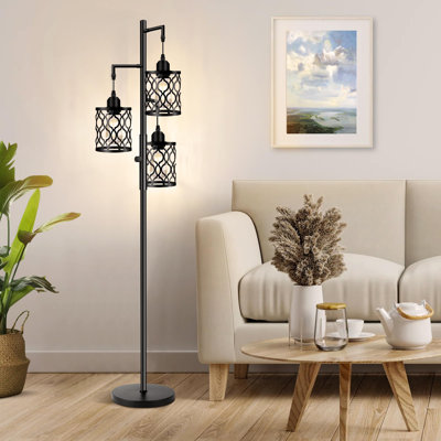 Lampe sur pied 3 lumières, à intensité variable avec interrupteur au pied, cages suspendues industrielles, ampoules DEL incluses