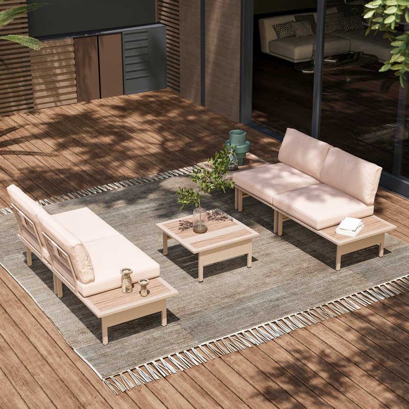 Ensemble de meubles de patio 6 pièces 6 pièces, Coussin beige / structure blanche