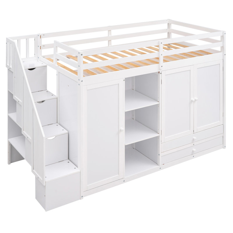 Functional Loft Bed With 3 Shelves, White