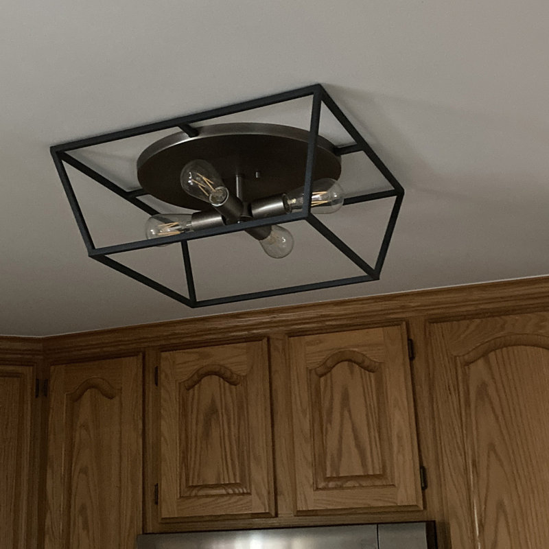 Fulton  Four Light 18" Caged Geometric Flush Mount Light, Aged Zinc