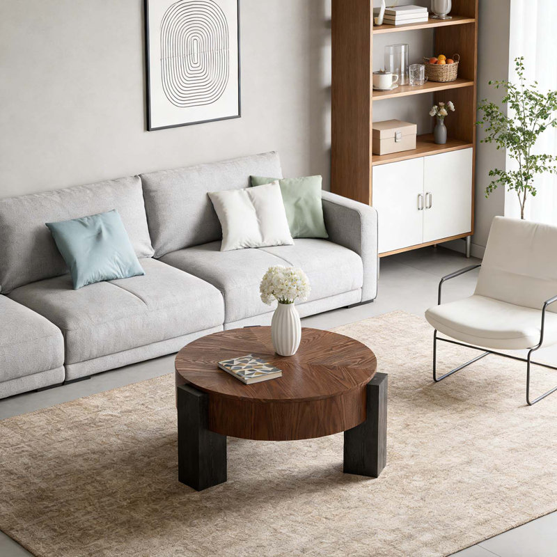 Table basse ronde moderne avec 3 pieds robustes, Noyer + noir