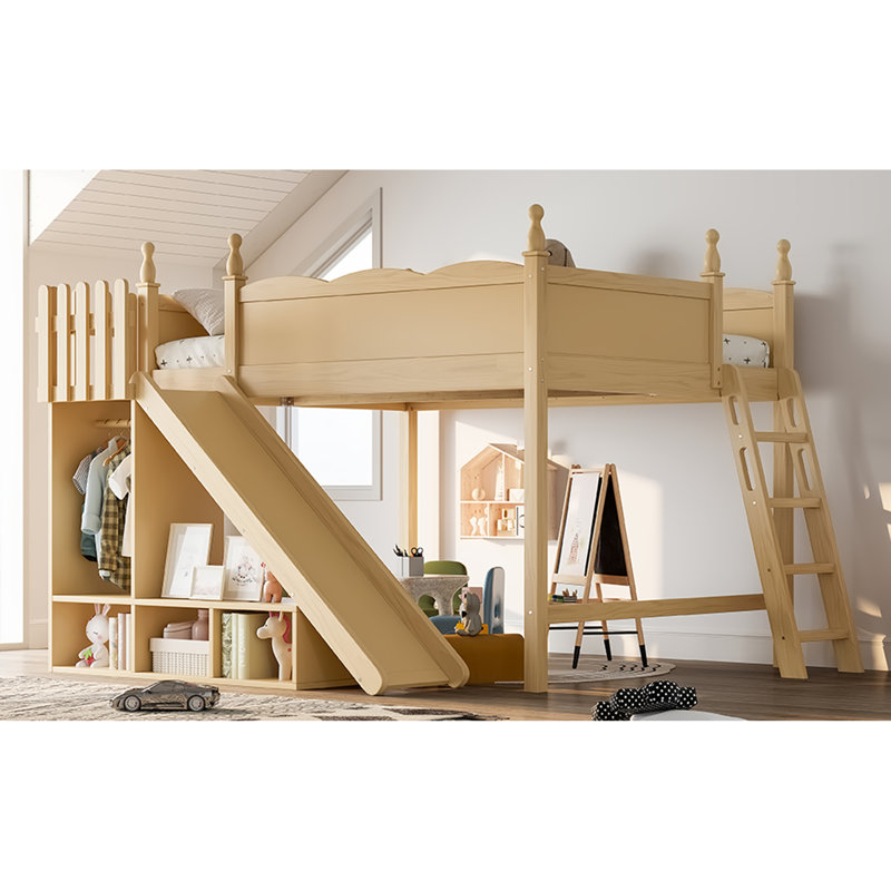 Grand lit mezzanine avec tablettes de rangement et garde-robe, lits mezzanine en bois massif avec glissières et échelles amovibles, aucune boîte à ressorts nécessaire (protection par brevet)