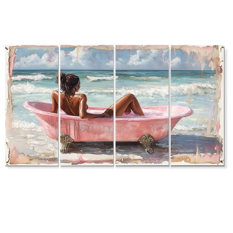 Femme dans une baignoire sur Palm Beach I - Ensemble de décoration murale de salle de bain, H 28 po x l 48 po