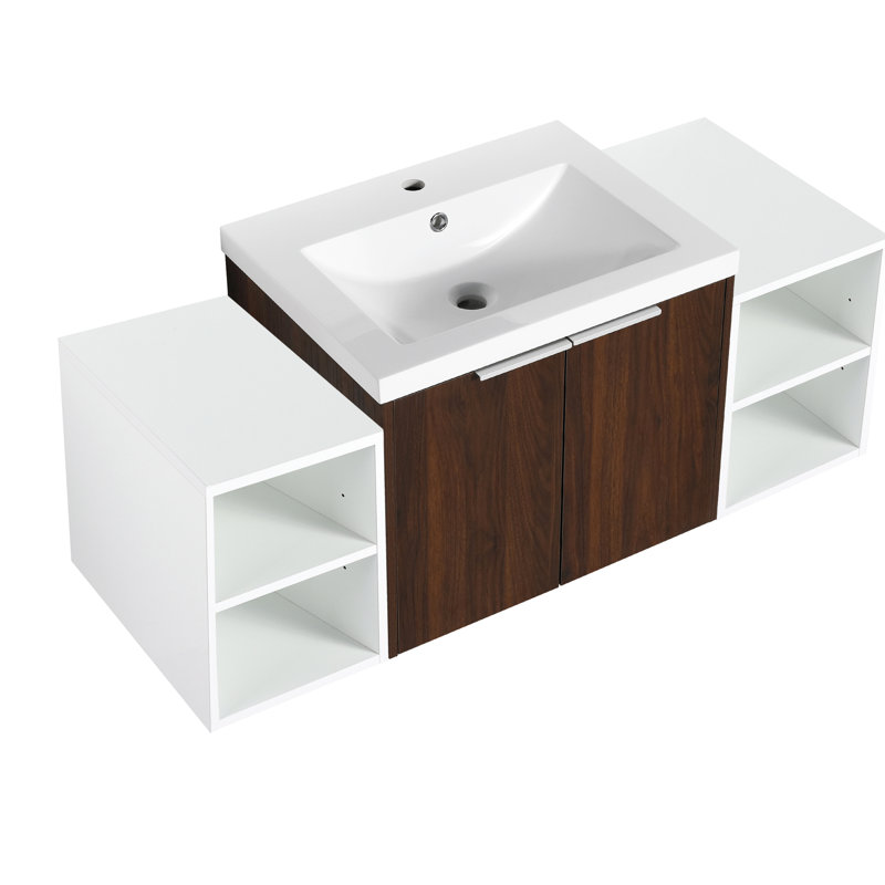 Armoire de salle de bain en noyer, 48 po, fixation murale, portes à fermeture douce, 2 tablettes, lavabo en résine, meuble-lavabo de construction 48 po, matériau de rangement