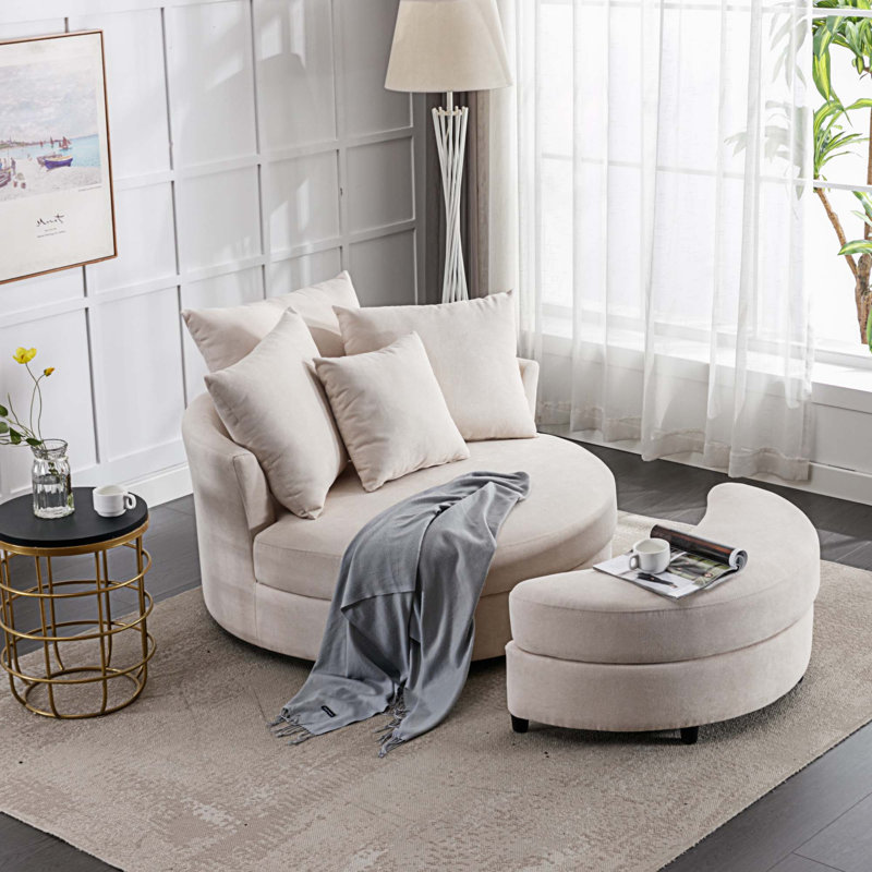Edene 360° Swivel Accent Barrel Chair,bedroom chair with Storage Ottoman & 4 Pillows, Cream White 100% Linen