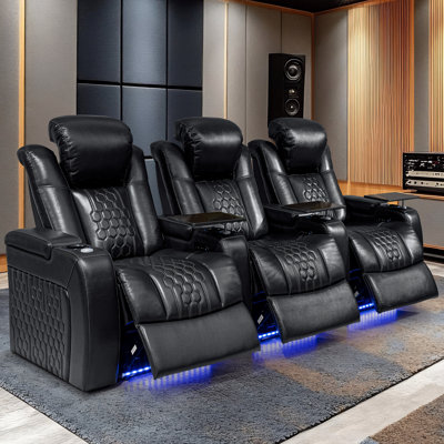 3 Pieces Genuine Leather Home Theater Seating, Black