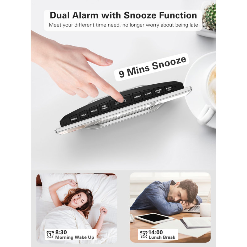 8.7" LED Mirror Alarm Clock with USB Charger, Snooze, Dimmer & Volume, Silver/White