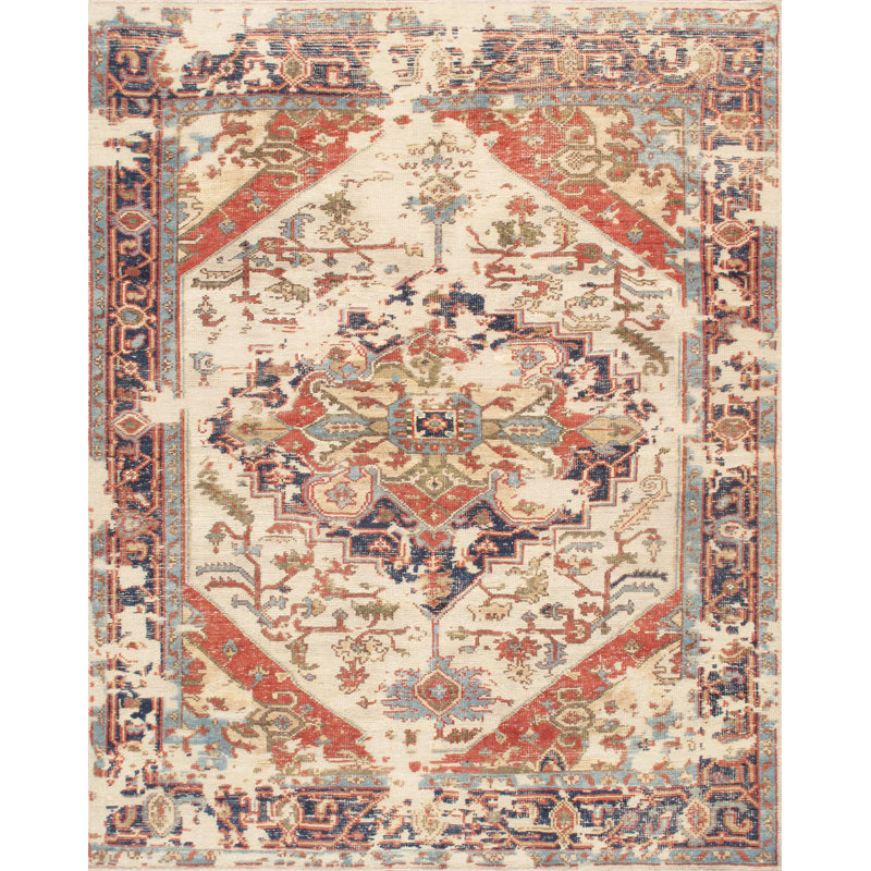 Tapis ivoire / bleu marine en laine noué à la main Serapi, Rectangle 6 pi 2 po x 8 pi 9 po