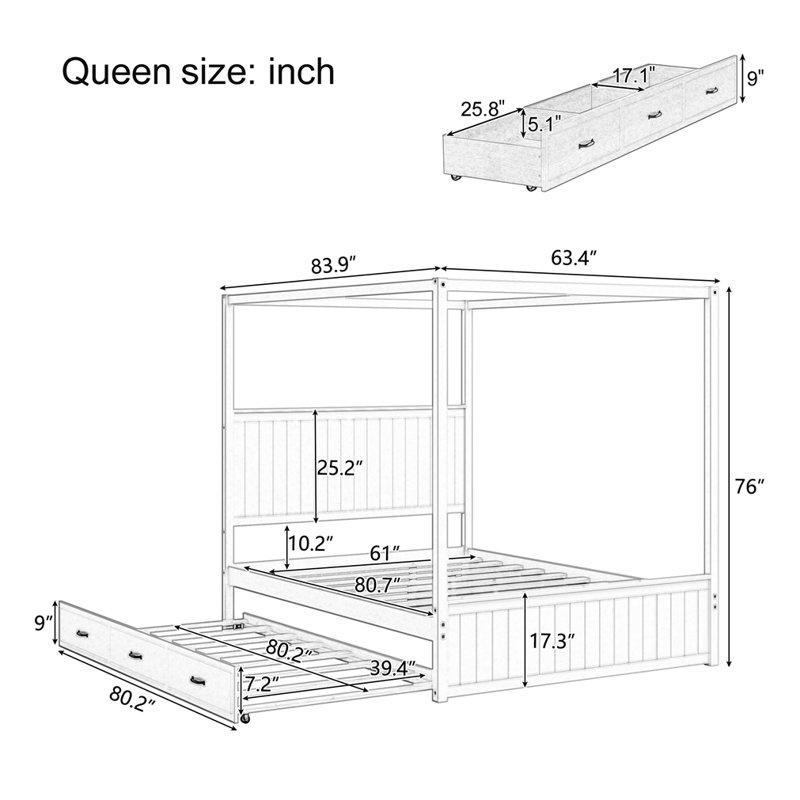 Modern Canopy Platform Bed with Trundle and Drawers, White