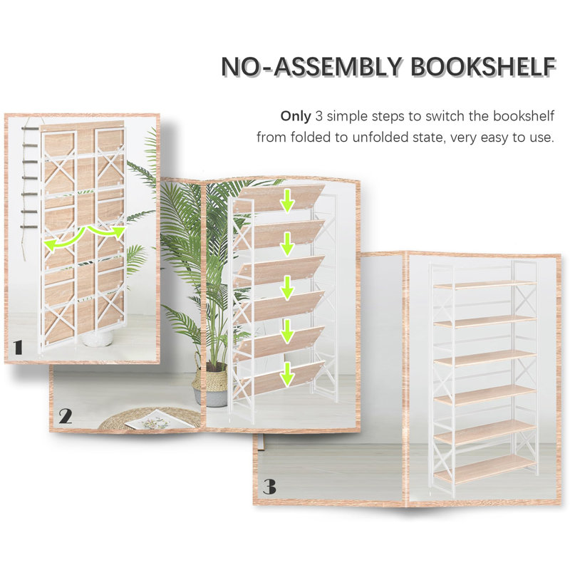 Bibliothèque pliante sans assemblage, 6 niveaux, style rétro, indispensable pour le bureau, Blanc naturel