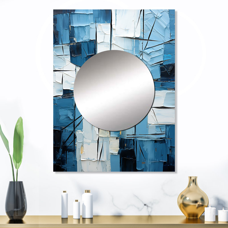 Cubism Blue And White Fight - Abstract Shapes Decorative Wall Mirror, Blue Mirror, Printed Metal Art, 32" x 24"