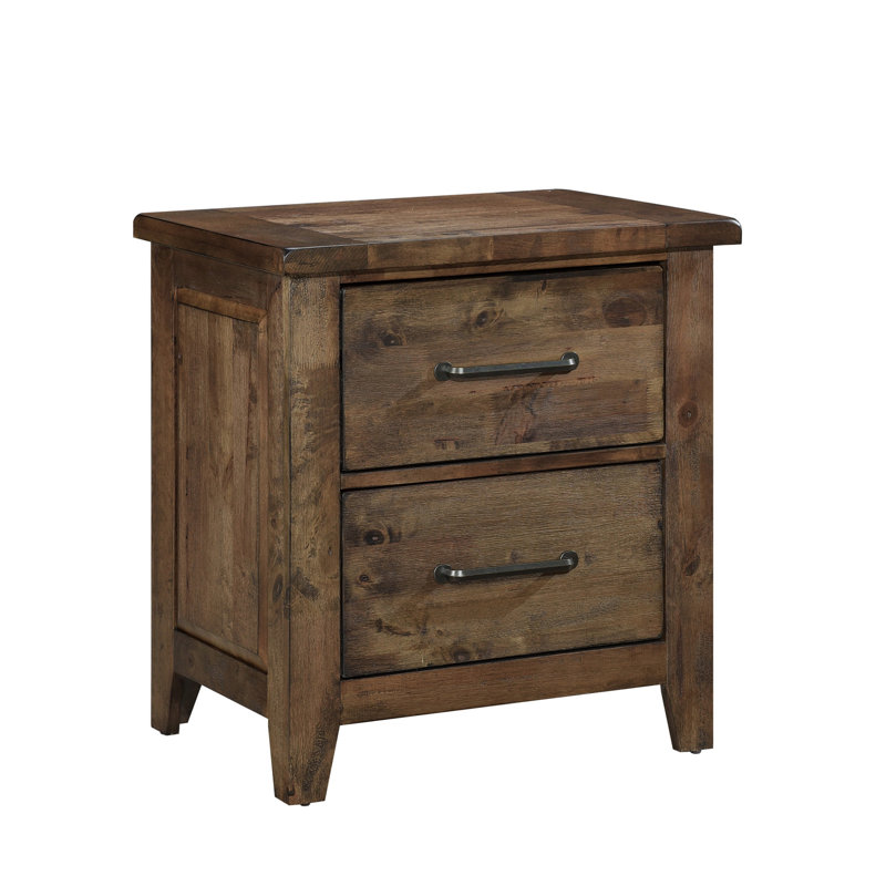 Burnished Rustic Bedroom Nightstand - Solid Rubberwood, 2 Drawers, Classic Transitional Side Table Drawer Finish,