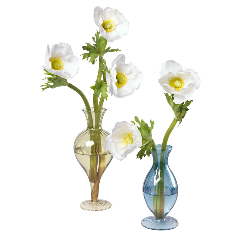 White Anemones in Blue and Green Bud Vases - Set of 2