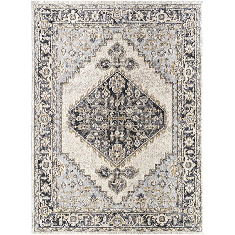 Rectangle Clotilde Oriental Machine Woven Polyester Area Rug in White/Gray/Black, Rectangle 5'3" x 7'