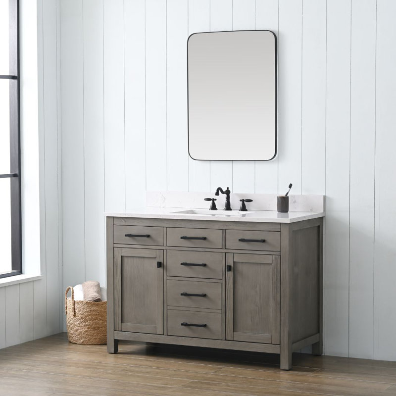 Meuble-lavabo simple 48 po Ajiya, Gris texturé / noir mat, Blanc de Carrare