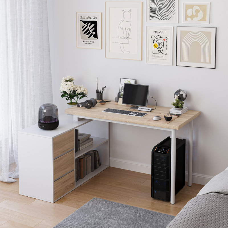 Shalonda L-shaped Home Office Computer Desk, Walnut/White