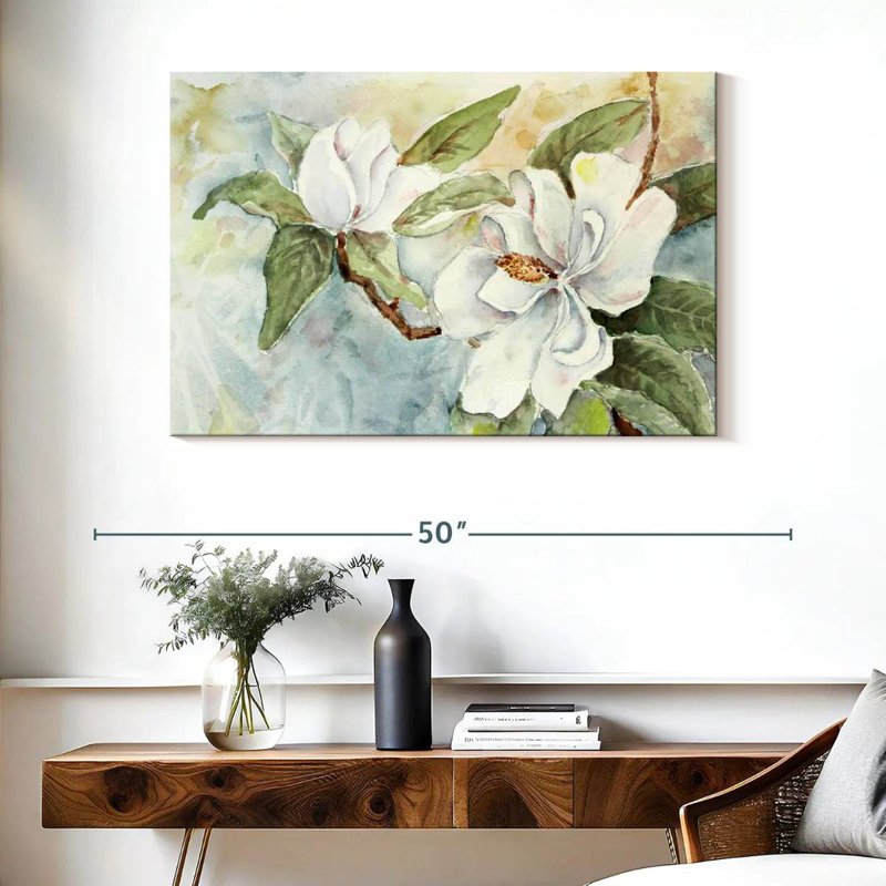 Branche de magnolia Harnek, aquarelle blanche, H 26 po x l 39 po