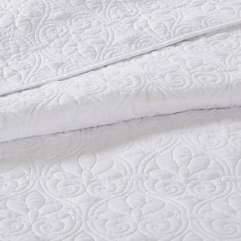 Couvre-lit double réversible pleine grandeur, blanc - Couvre-lit confortable en coton prélavé et 2 taies décoratives avec rembourrage traité pour la détente