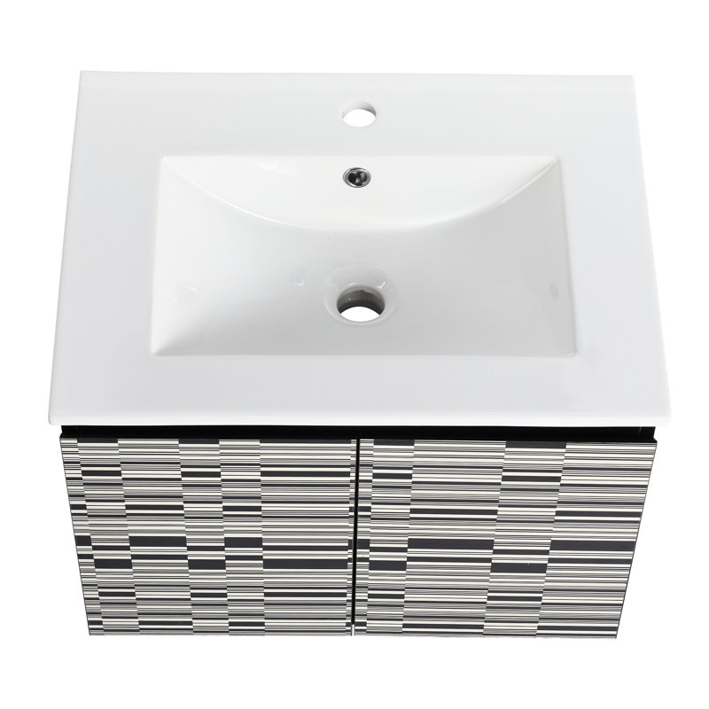Meuble-lavabo de salle de bain avec lavabo en céramique et porte à fermeture en douceur. Fixé au mur 24 po. Moderne. Contreplaqué. Noir Améliore le rangement et le style moderne. Grace