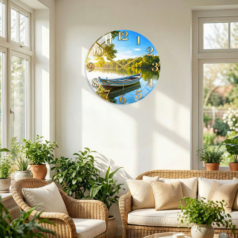 "Lake Boat", horloge murale en verre, 60 x 60 cm (23,6 x 23,6 pouces)