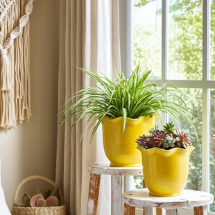 Planter Ceramic Scalloped Rim Ribbed Design Set Of 2 (Set of 2)