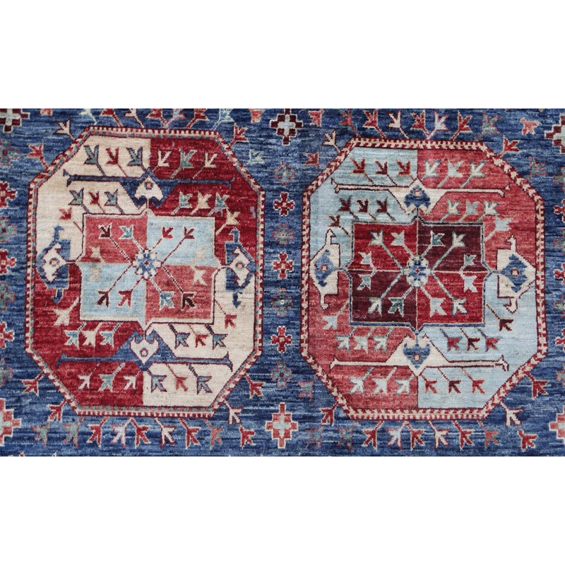 Tapis unique bleu, rouge et beige de 9 pi 9 po x 13 pi 5 po