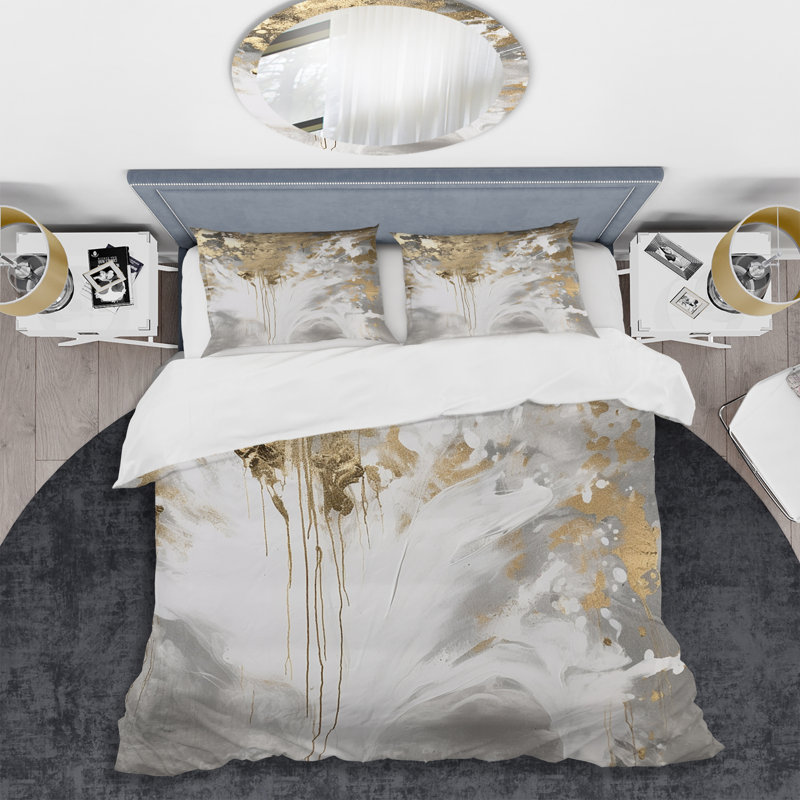White And Gold Modern Abstract II - Abstract Duvet Cover Set, King Duvet Cover + 2 King Shams