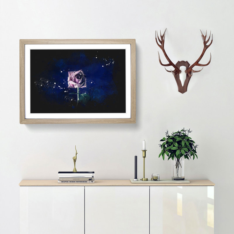 Dying Purple Rose Paint Splash - Framed Print, 33cm H x 45cm W x 2cm D, Oak Framed