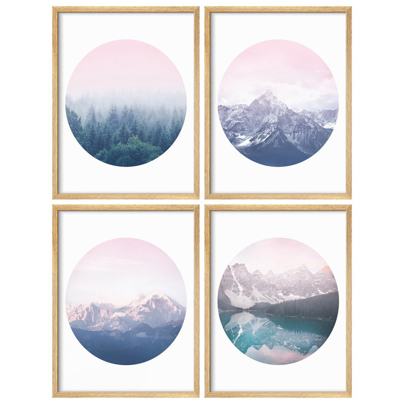 "Rose et bleu, paysage de montagne, œuvre d'art moderne minimaliste", 4 pièces, H 10 po x l 8 po, Naturel