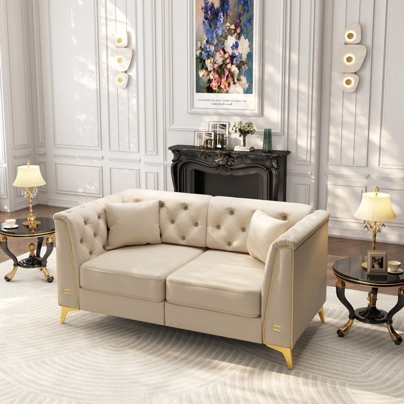 Canapé Chesterfield de 61,8 po de largeur, Similicuir beige et blanc