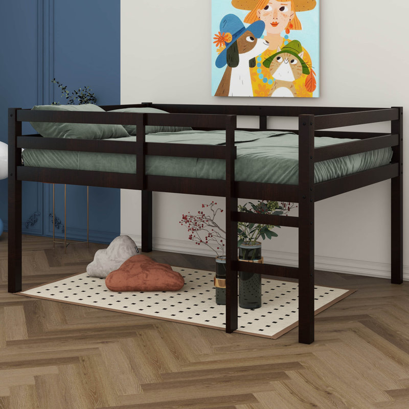 Full Size Bed Frame, Rubber Wood Loft Bed With Ladder, Low Height Design Loft Bed