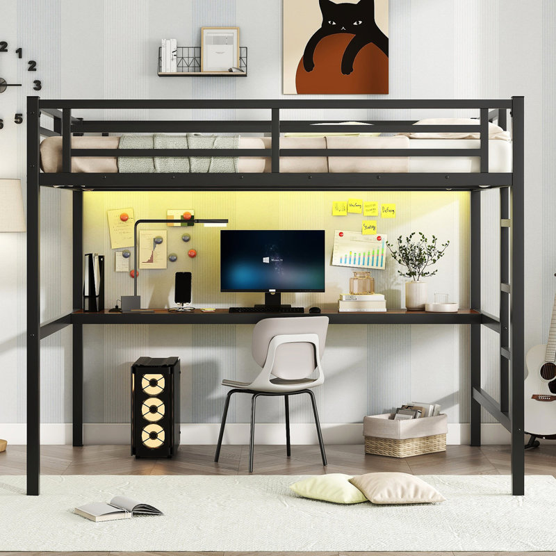 Lit mezzanine double en métal avec bureau et peu encombrant, entrée électrique, abaissement du bruit à DEL, puissance de jeu noire, lumières amusantes