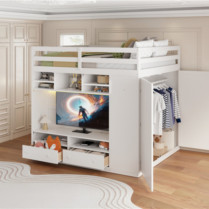 Lit mezzanine pleine grandeur avec tiroirs, tablettes et éclairage à DEL pour économiser de l'espace et organiser votre vie