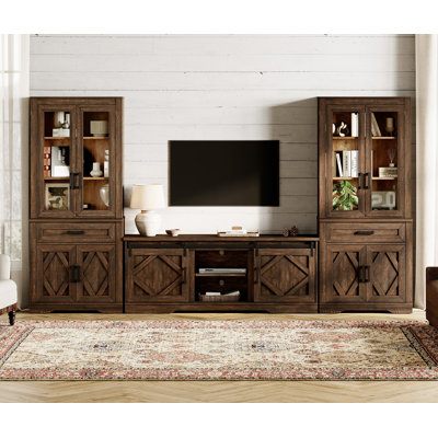 Laziza Farmhouse Entertainment Center With Bookshelf For Tvs Up To 75",Mid Century Modern TV Stand With 73"H Tall 5-Tier Bookcase With Open Storage And Barn Doors For Living Room,Bedroom,