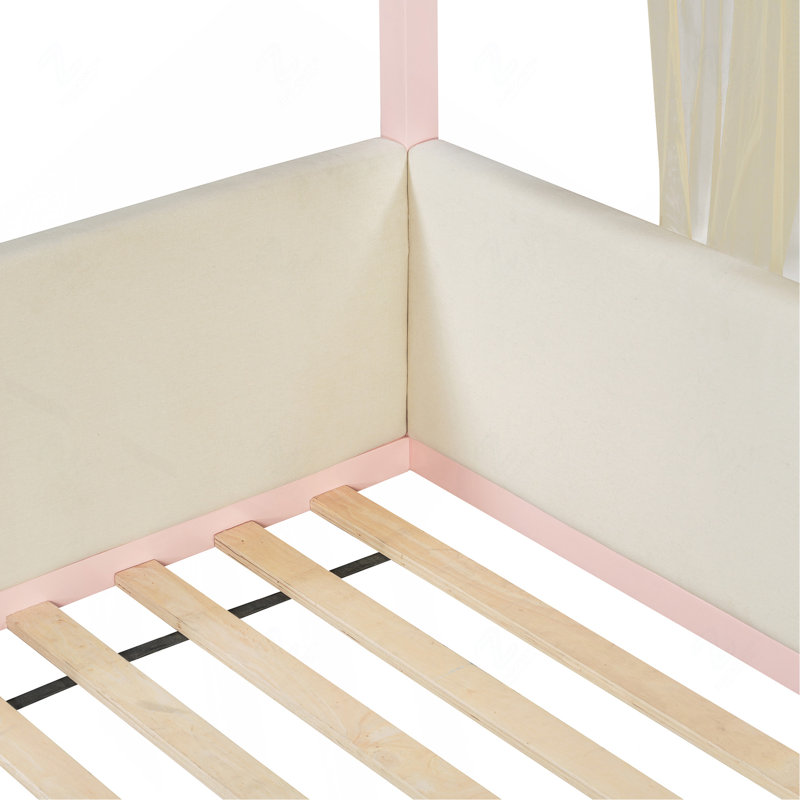 Lit plateforme à baldaquin double en velours avec rideaux en gaze respirant, rose