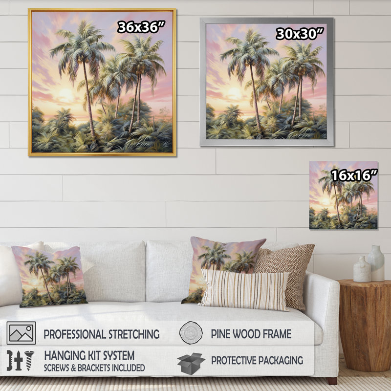 «Palm Trees Romantic Sunset I», reproduction sur toile, H 24 po x l 24 po x P 1 po, Cadre simple blanc